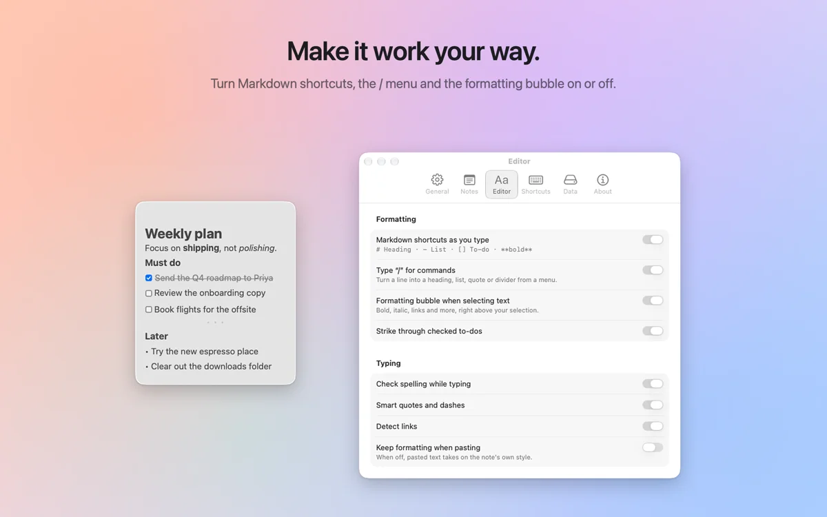 Glass Stickies — Keyboard shortcuts in Settings
