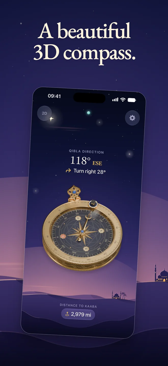 Simple Qibla Compass 3D — Three-dimensional compass