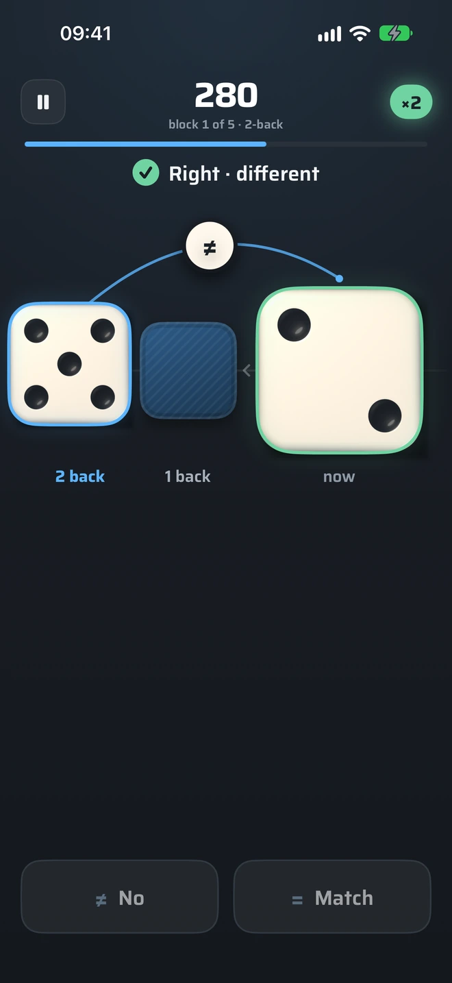 A complete Simply Recall 2-back game, including the image sequence and answer controls