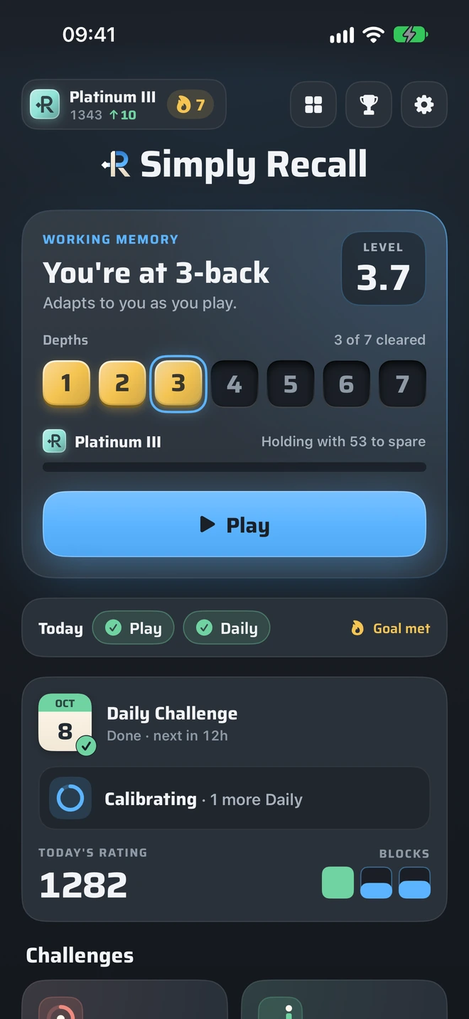 Simply Recall home with Play and Daily Challenge